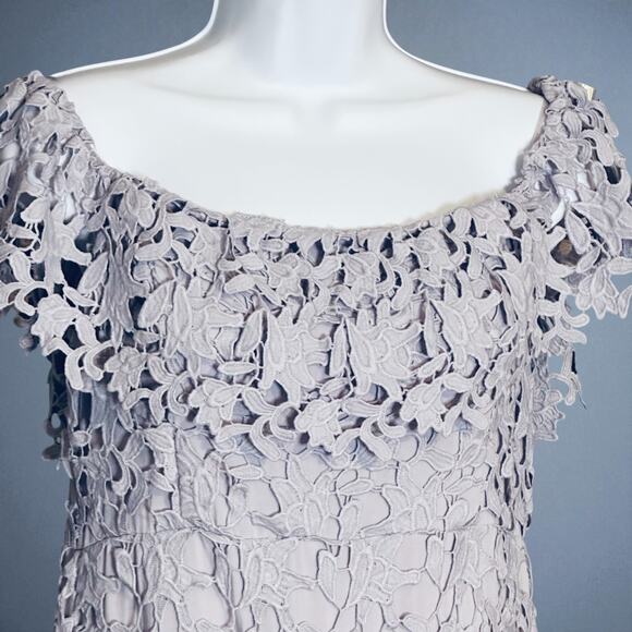 ASTR Lilac Lace Crochet Mini Dress Large Off Shoulder Cocktail Party Summer Glam - Picture 6 of 12